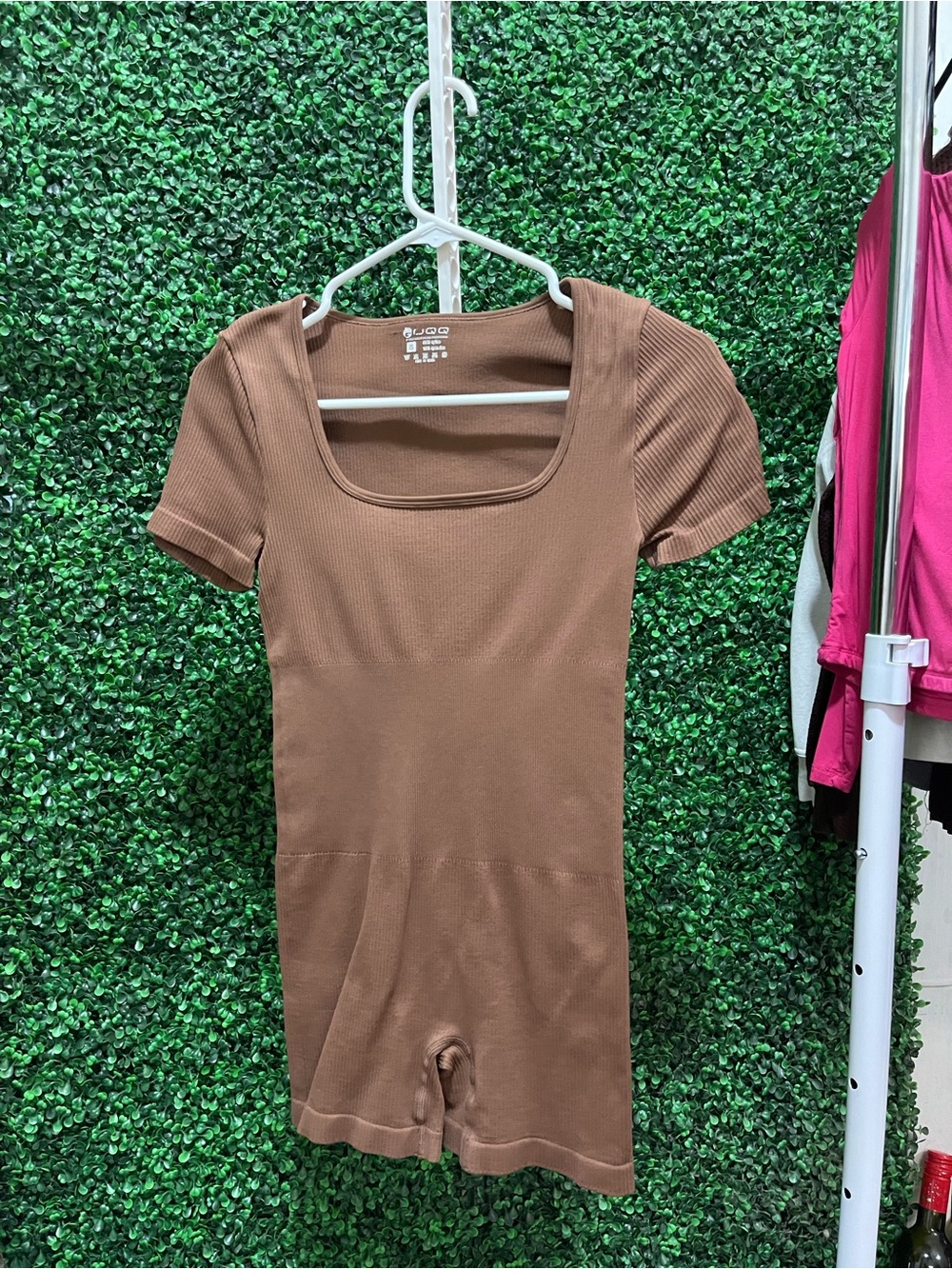 Ribbed Square-Neck Short Sleeve Romper - Brown